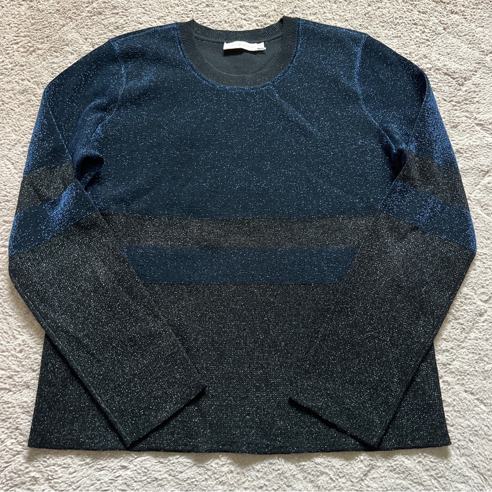 Tory Burch Lurex Block Metallic Wool Blend Sweater Preppy Minimalist Luxury Sz L